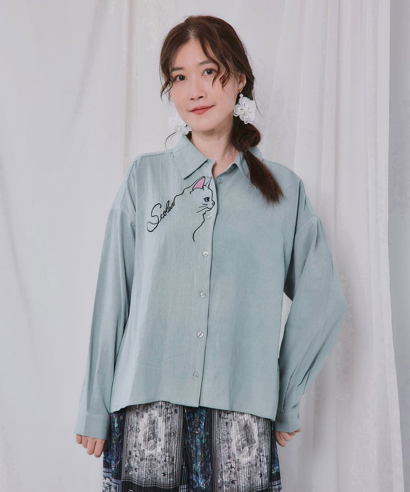 バックストライプ切替 前立てネコ刺繍シャツ-1