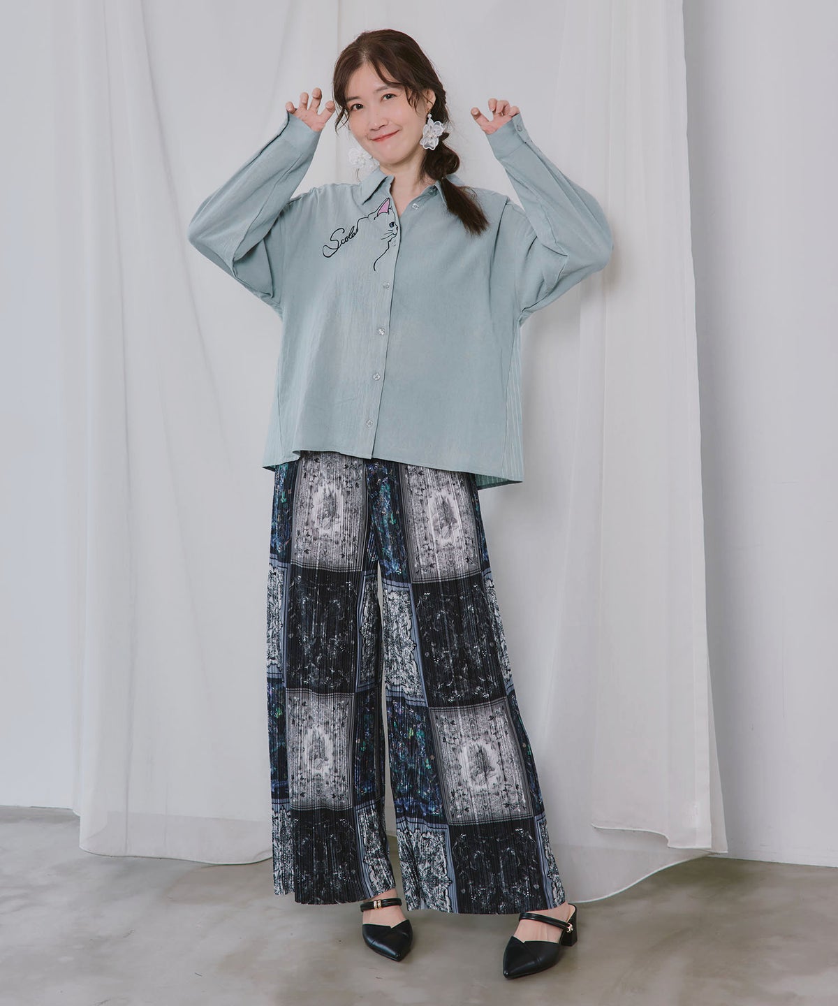 バックストライプ切替 前立てネコ刺繍シャツ-2
