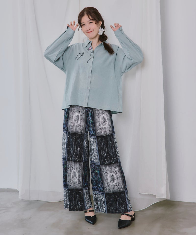 バックストライプ切替 前立てネコ刺繍シャツ-2