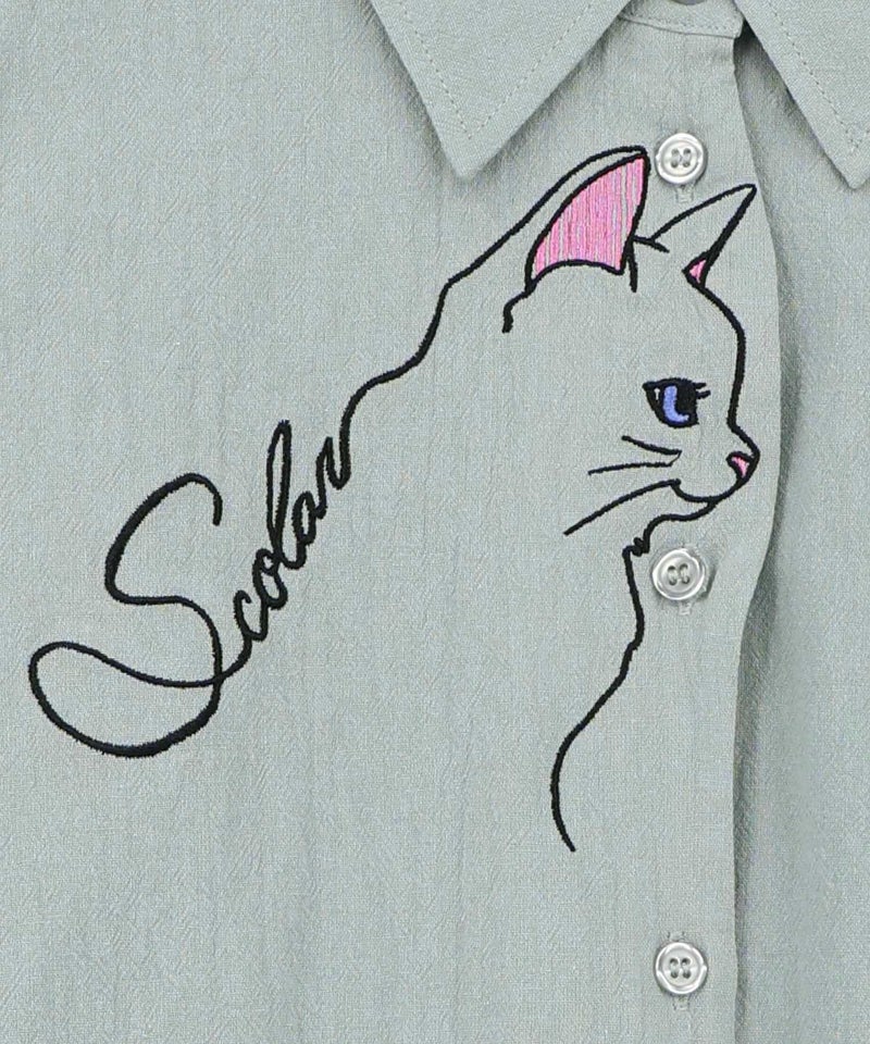 バックストライプ切替 前立てネコ刺繍シャツ-16