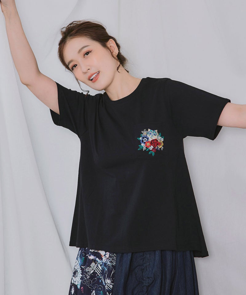 花ネコワンポイント刺繍 無地orボーダーTシャツ-1