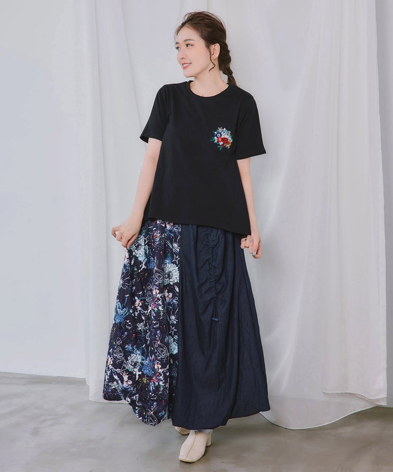 花ネコワンポイント刺繍 無地orボーダーTシャツ-2