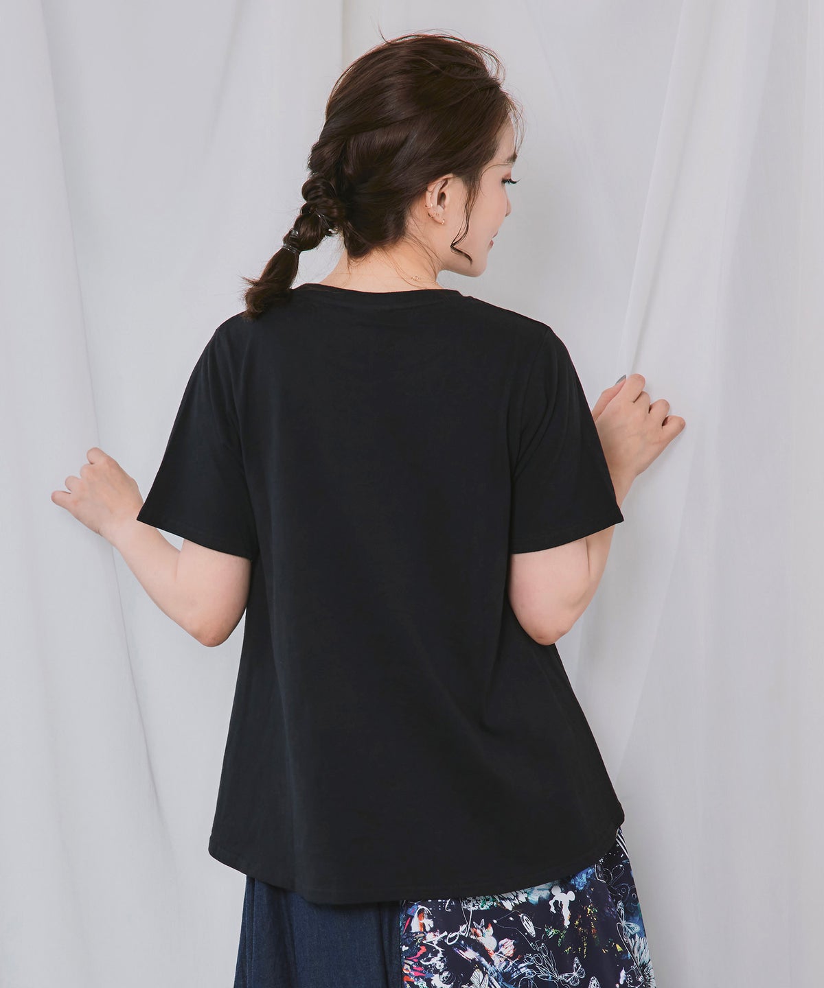 花ネコワンポイント刺繍 無地orボーダーTシャツ-5