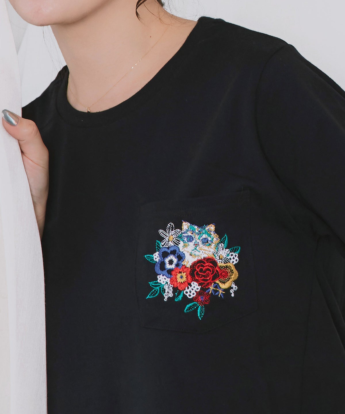 花ネコワンポイント刺繍 無地orボーダーTシャツ-6