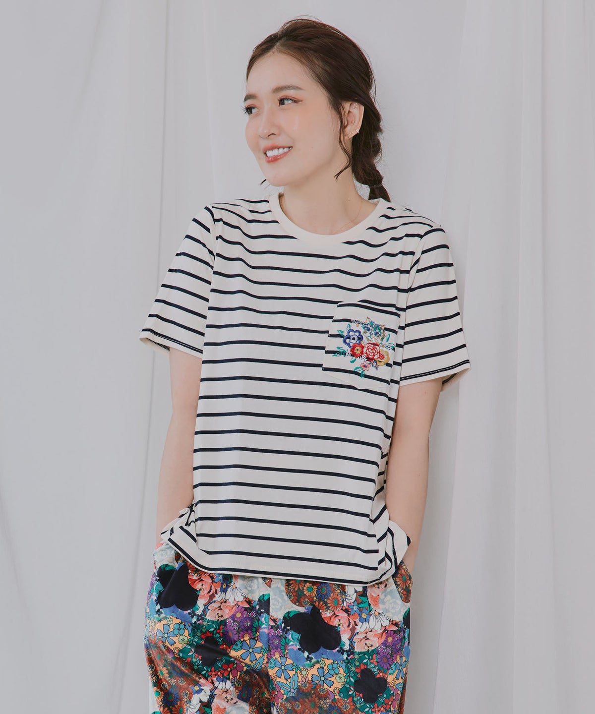 花ネコワンポイント刺繍 無地orボーダーTシャツ-7