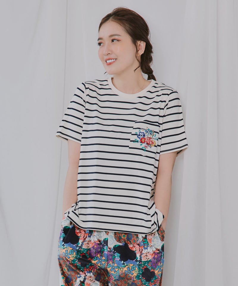 花ネコワンポイント刺繍 無地orボーダーTシャツ-7