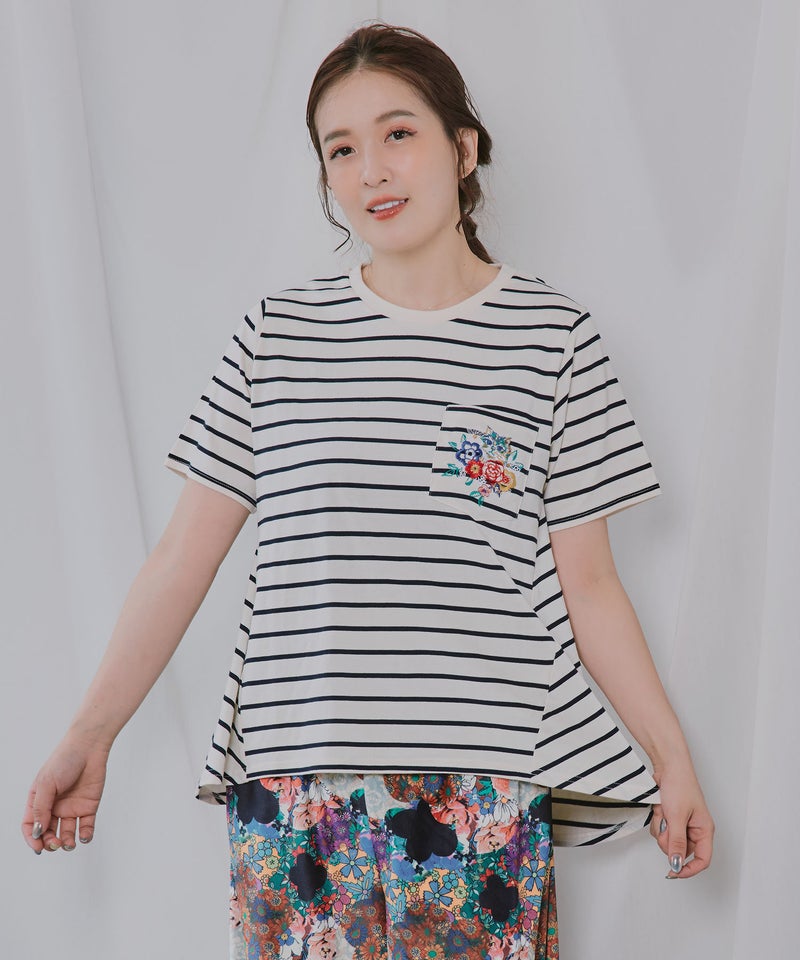 花ネコワンポイント刺繍 無地orボーダーTシャツ-9