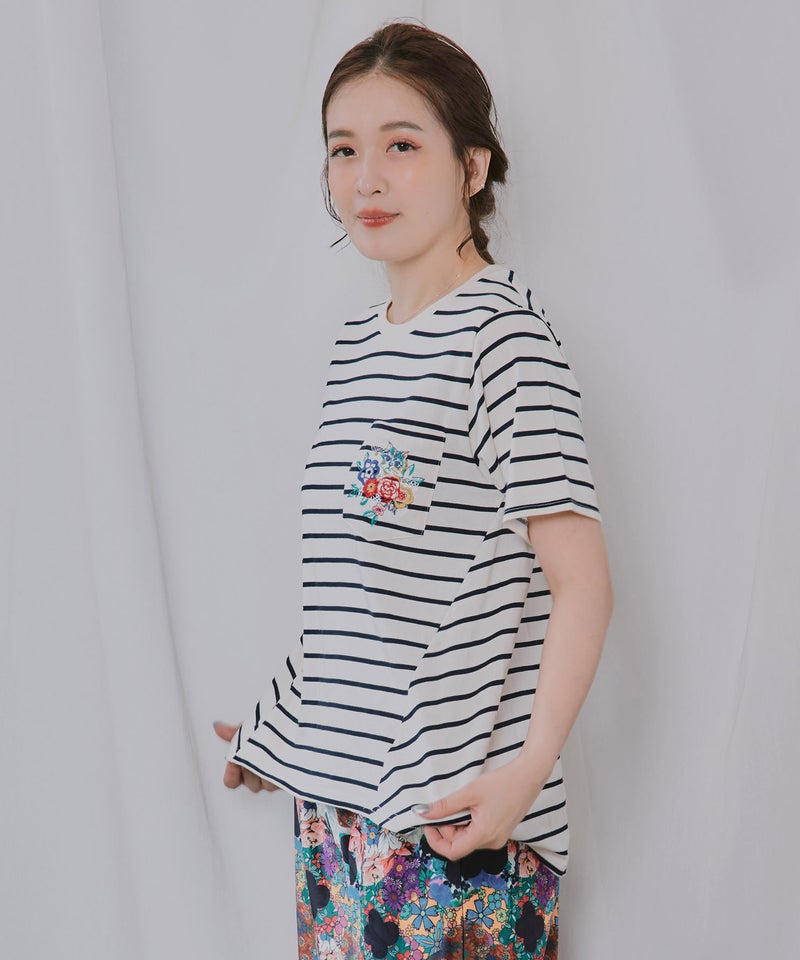 花ネコワンポイント刺繍 無地orボーダーTシャツ-10