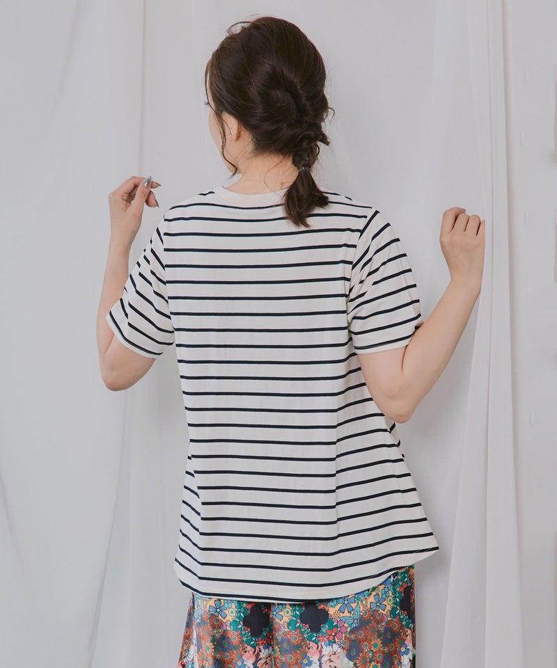 花ネコワンポイント刺繍 無地orボーダーTシャツ-11