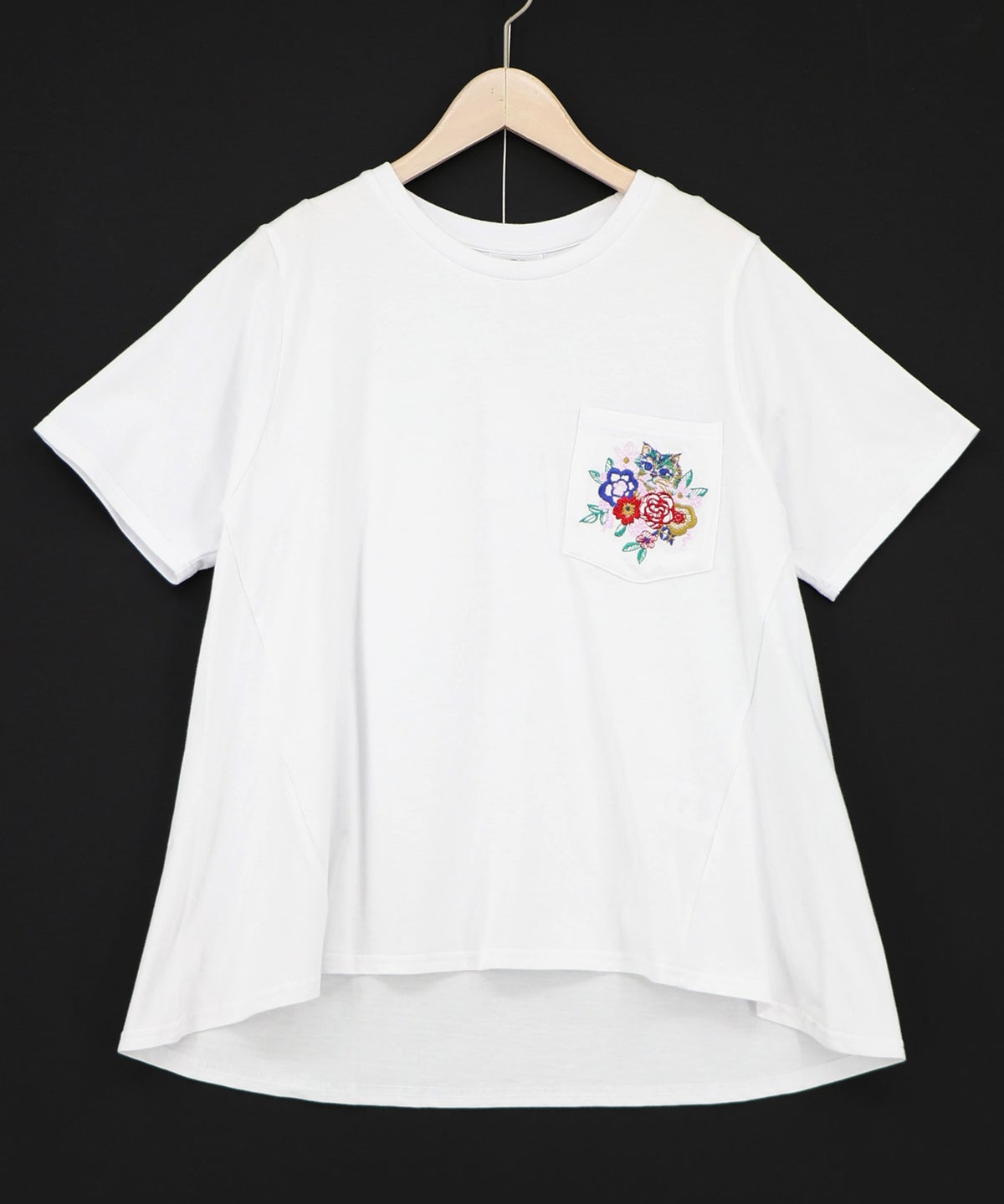 花ネコワンポイント刺繍 無地orボーダーTシャツ-14