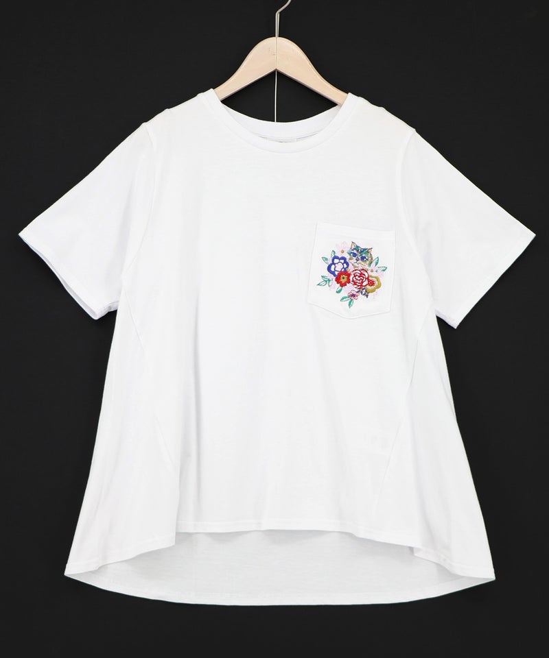花ネコワンポイント刺繍 無地orボーダーTシャツ-14