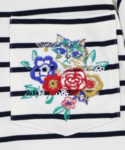 花ネコワンポイント刺繍 無地orボーダーTシャツ-17