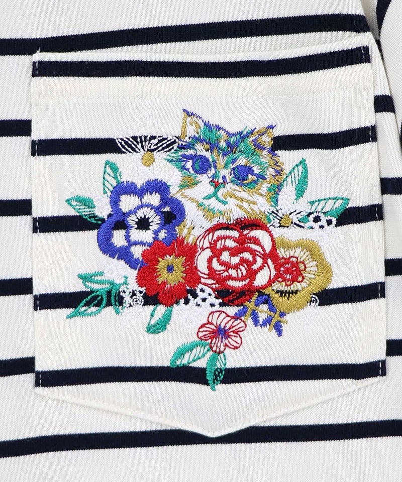 花ネコワンポイント刺繍 無地orボーダーTシャツ-17