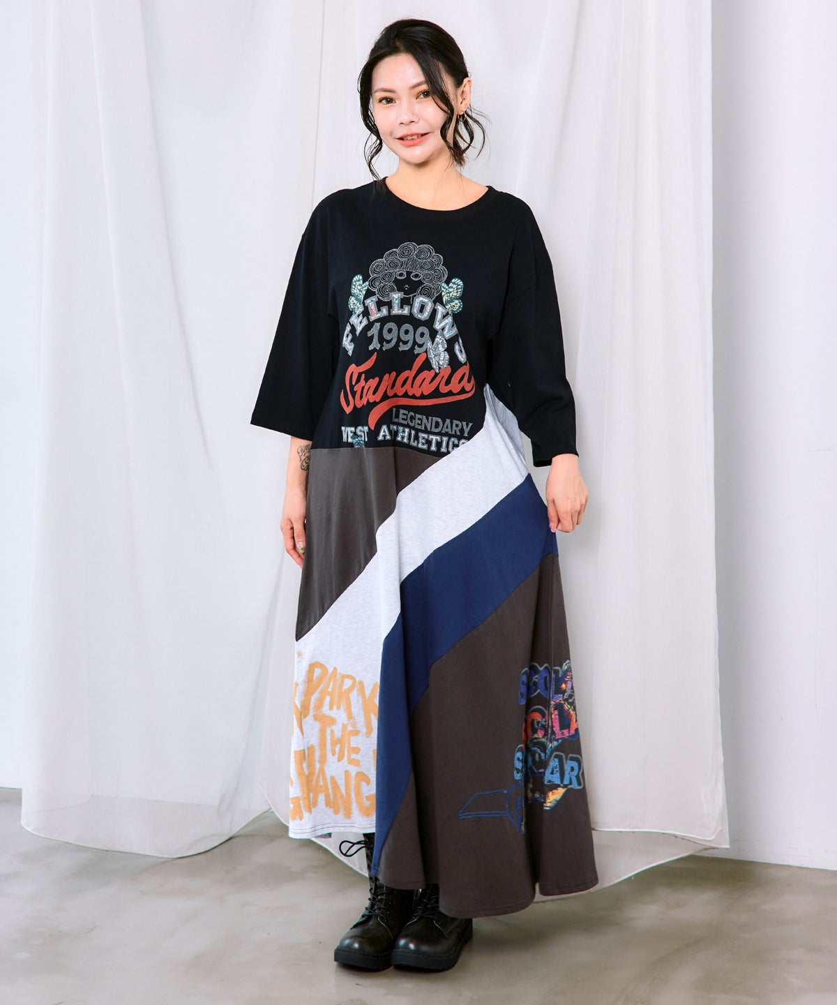 アメリカン風ロゴ 配色Tシャツワンピース-1