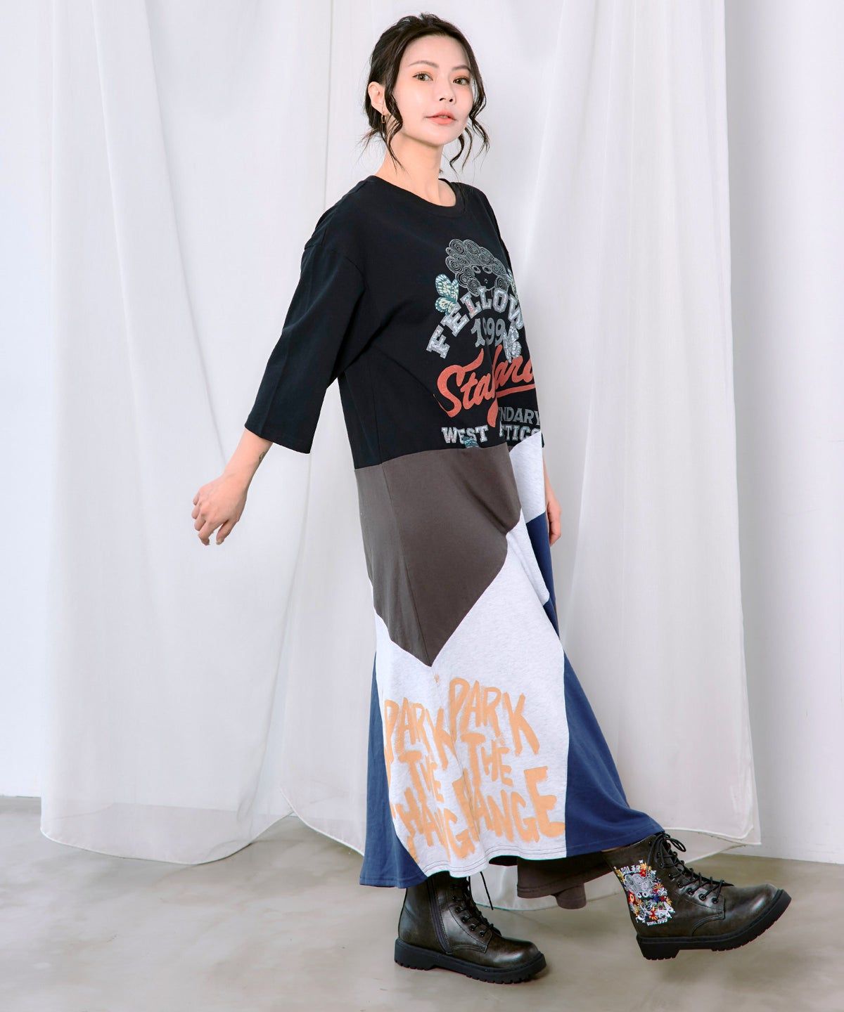 アメリカン風ロゴ 配色Tシャツワンピース-2