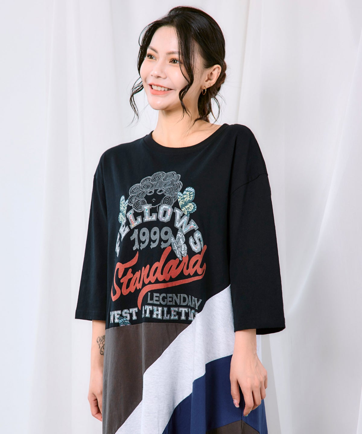アメリカン風ロゴ 配色Tシャツワンピース-3
