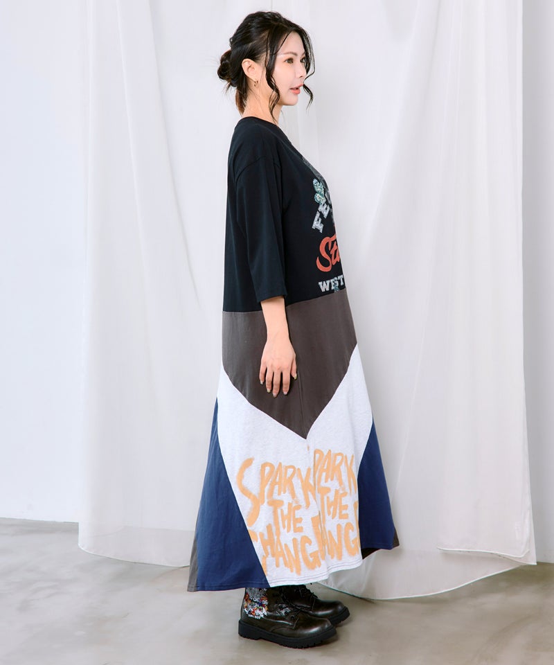 アメリカン風ロゴ 配色Tシャツワンピース-4