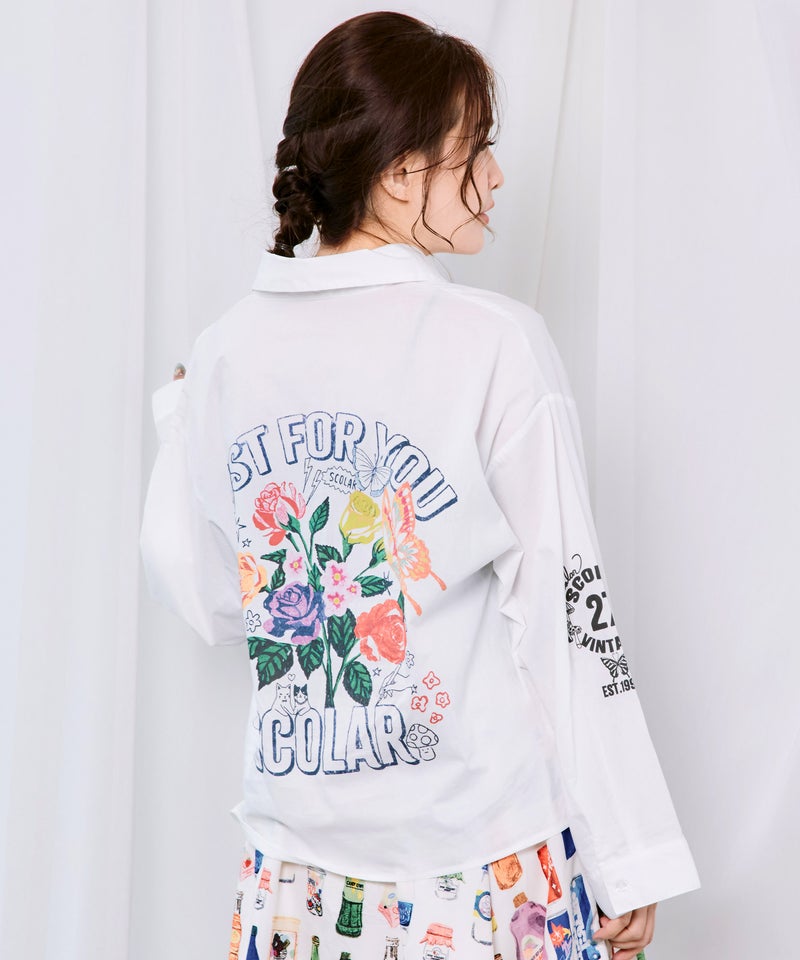 2素材展開 ポップロゴお花バックプリントシャツ-1