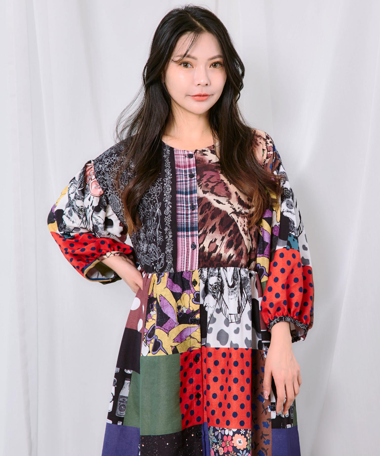 163613：POPコラージュ総柄シャツワンピースの通販-ScoLar