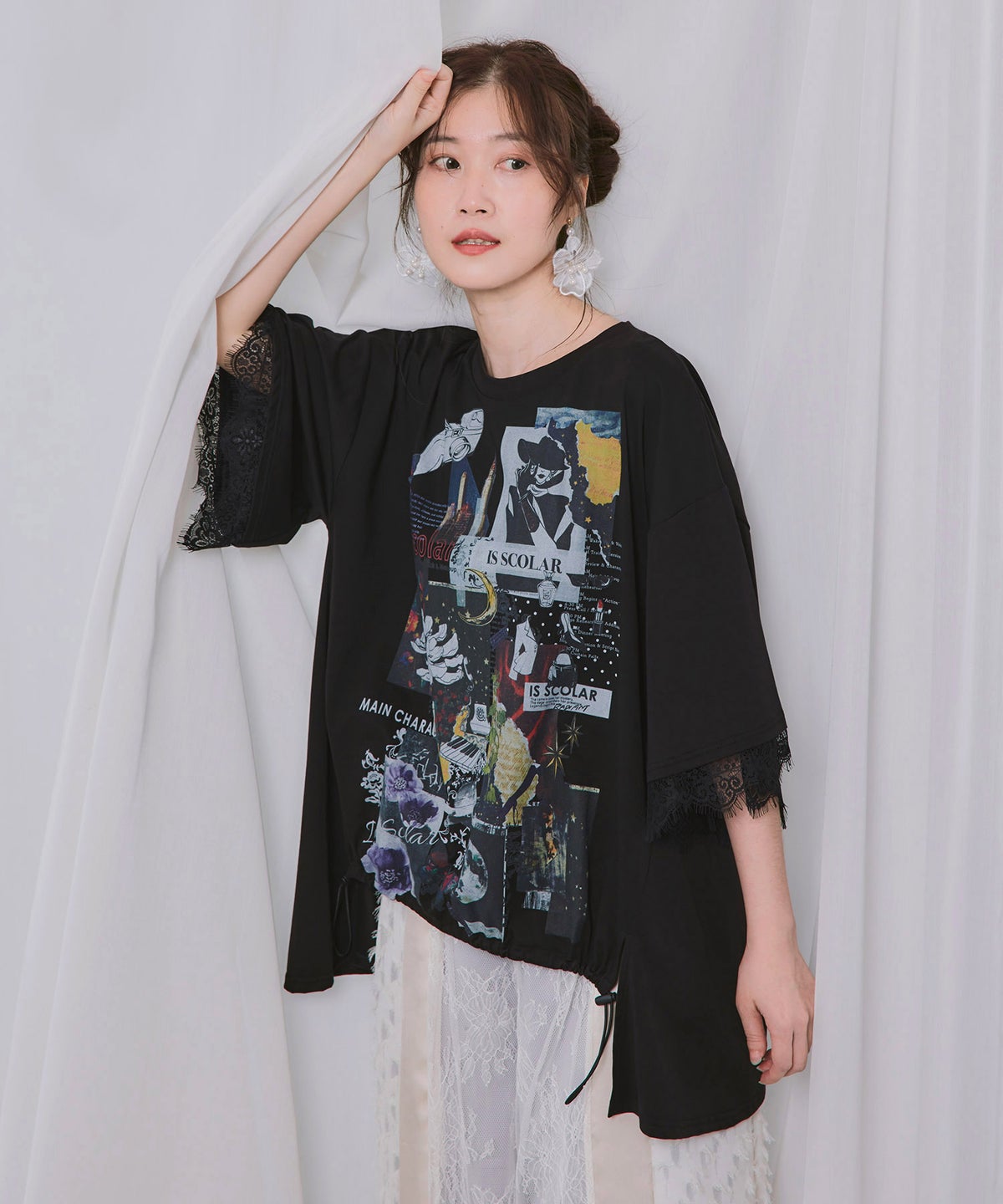 アートコラージュ柄 天竺×レースTシャツ-1