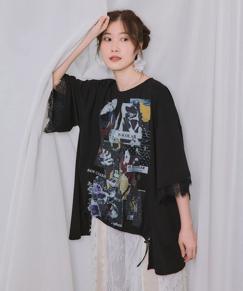 アートコラージュ柄 天竺×レースTシャツ-1