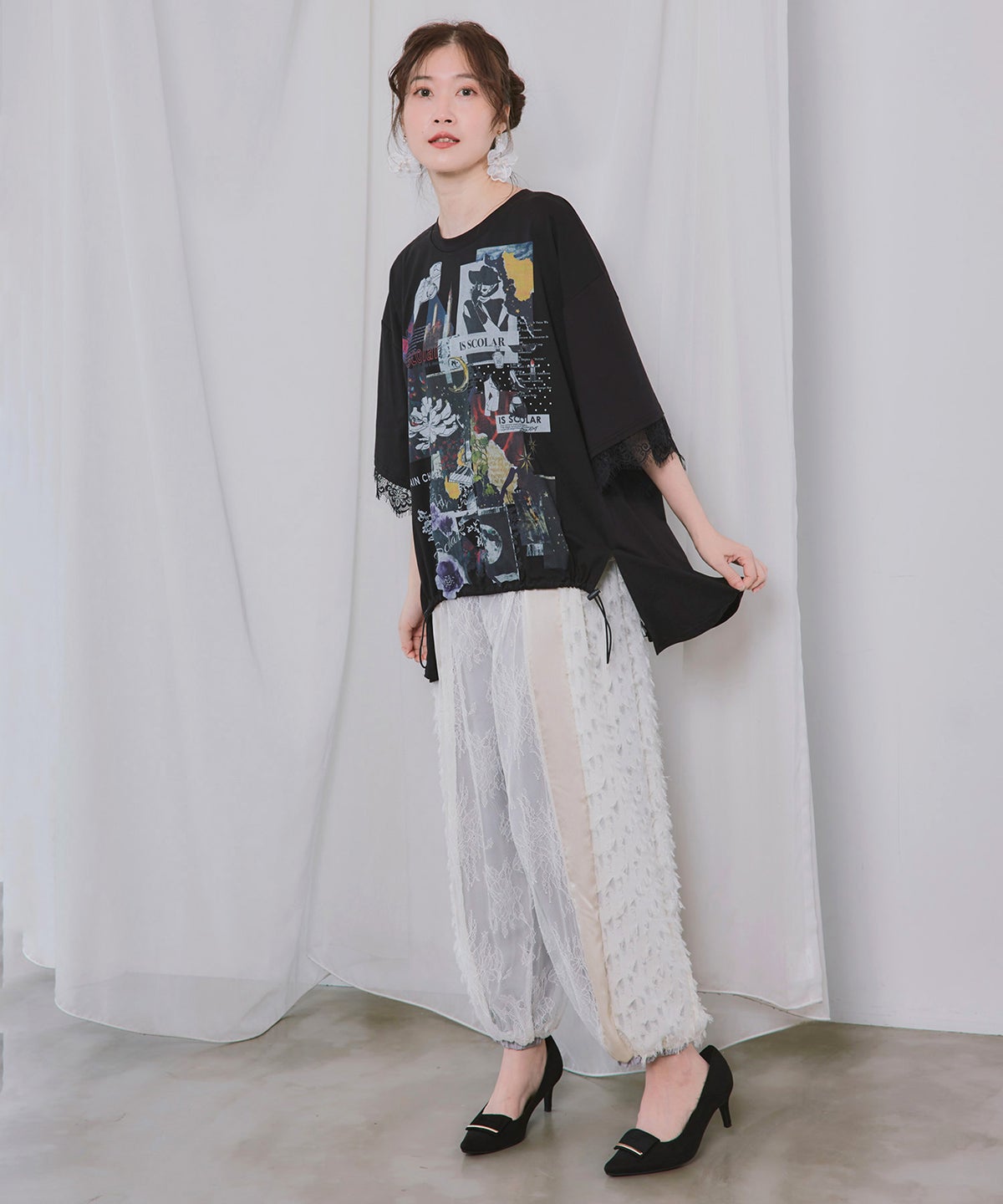 アートコラージュ柄 天竺×レースTシャツ-2