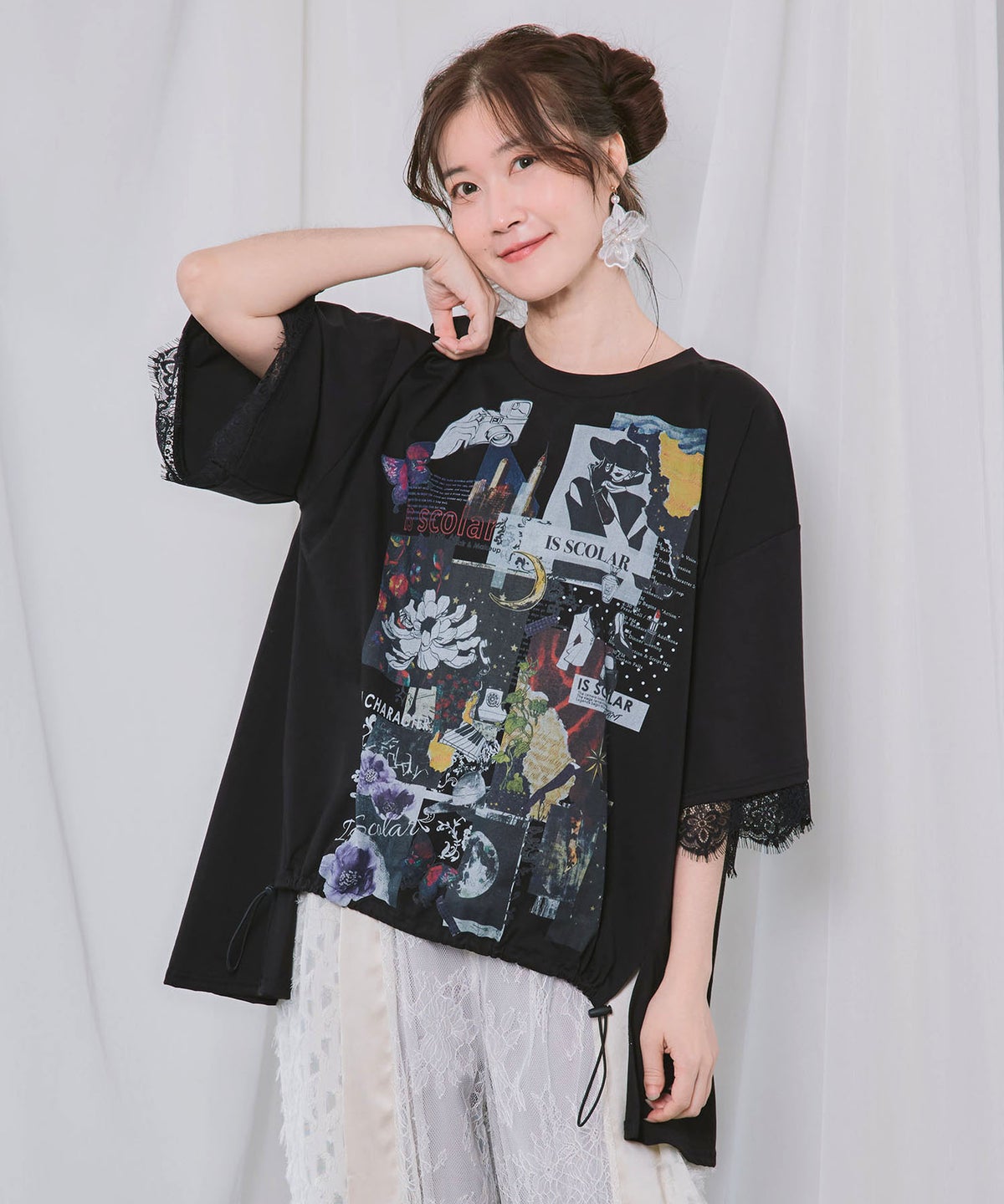アートコラージュ柄 天竺×レースTシャツ-3