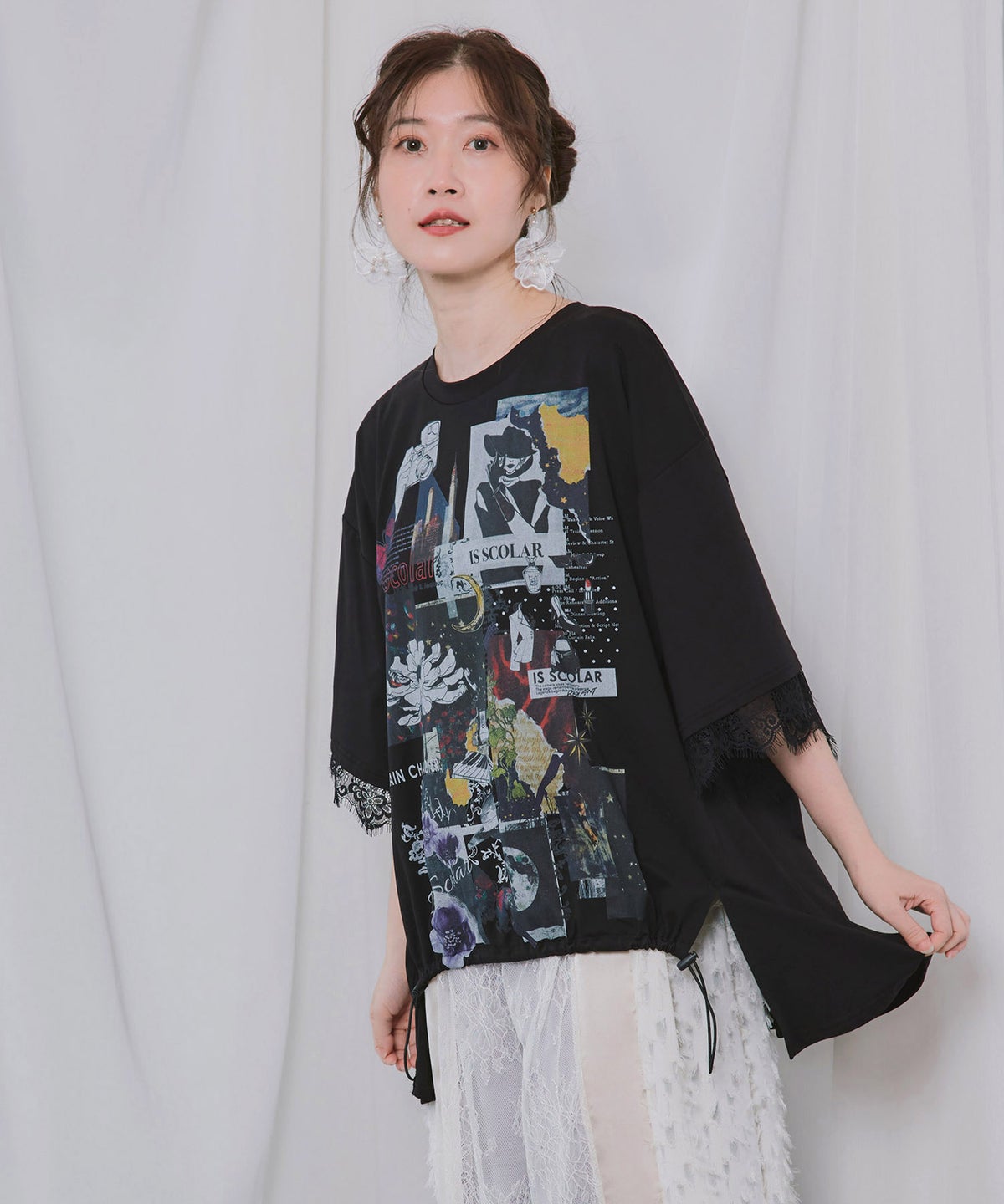 アートコラージュ柄 天竺×レースTシャツ-4