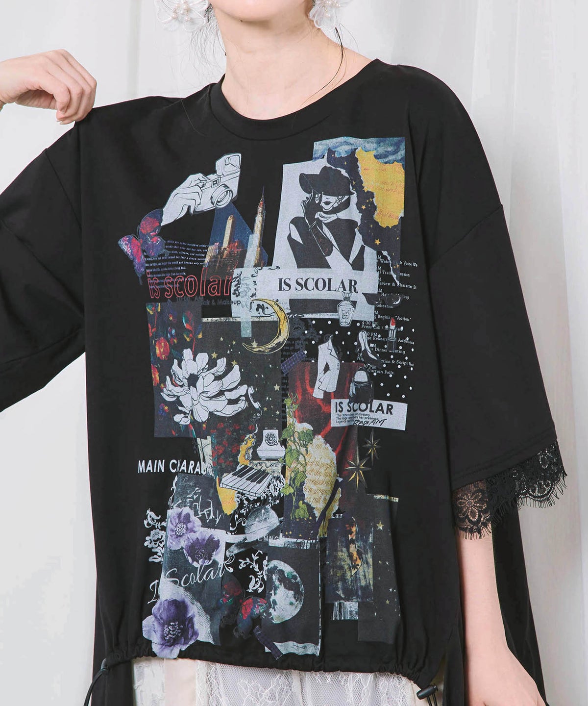 アートコラージュ柄 天竺×レースTシャツ-6