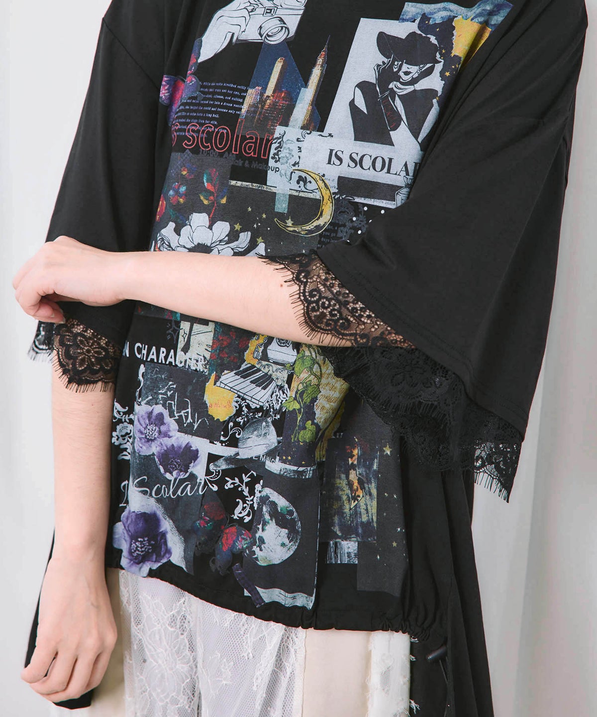 アートコラージュ柄 天竺×レースTシャツ-7