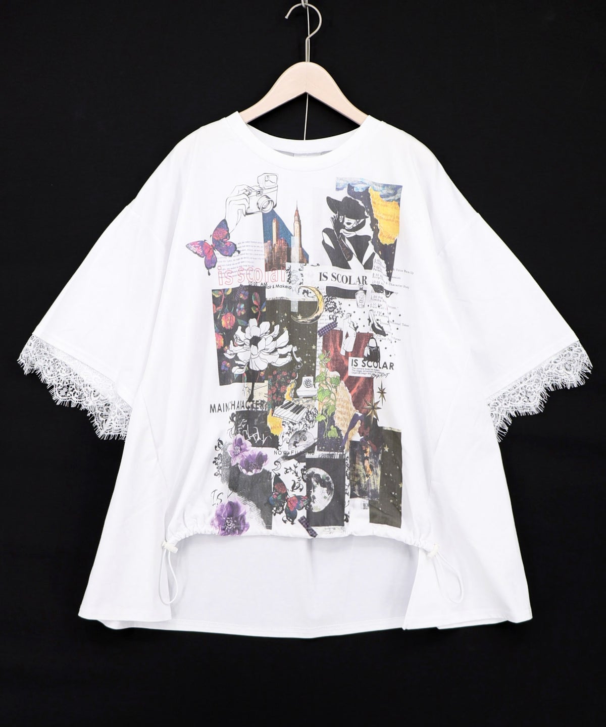 アートコラージュ柄 天竺×レースTシャツ-8