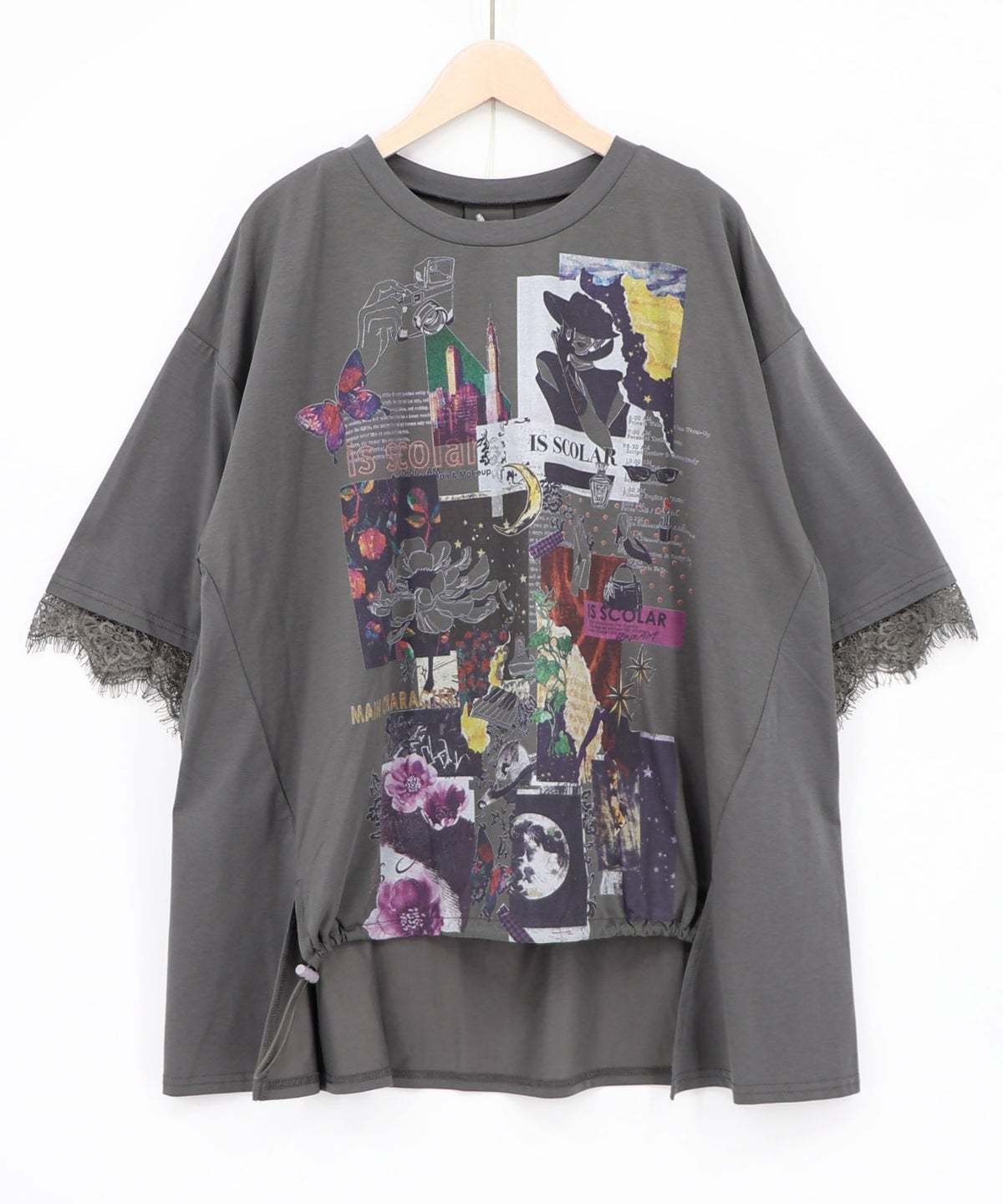 アートコラージュ柄 天竺×レースTシャツ-10