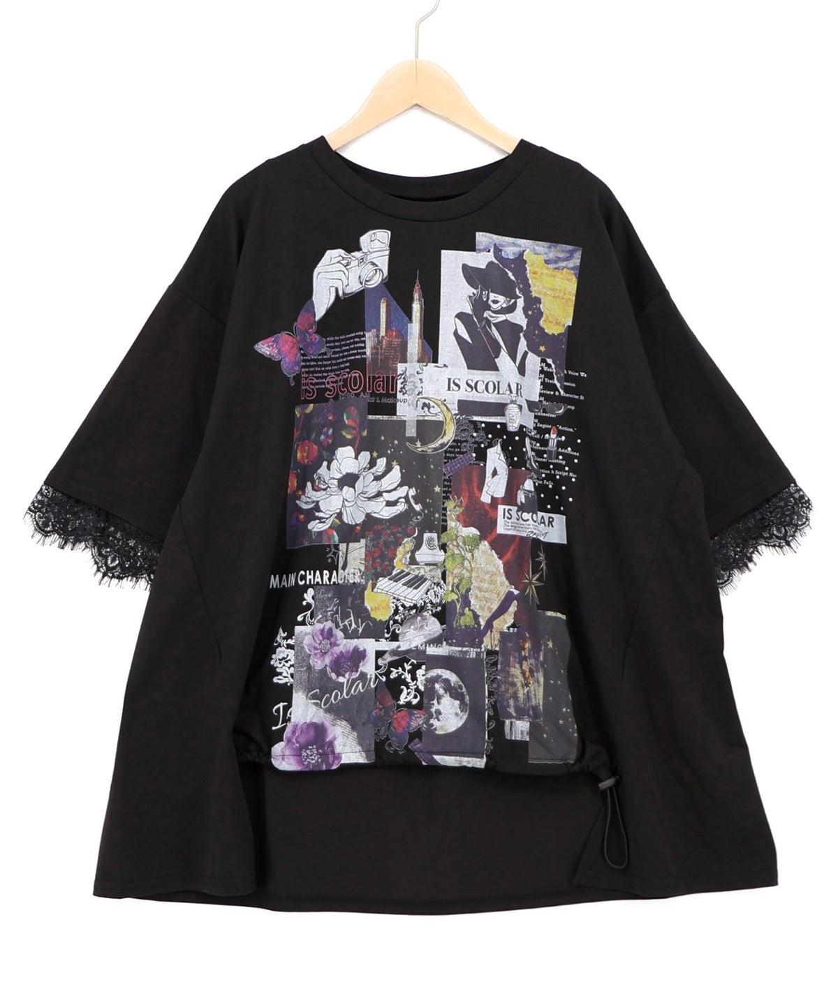 アートコラージュ柄 天竺×レースTシャツ-12