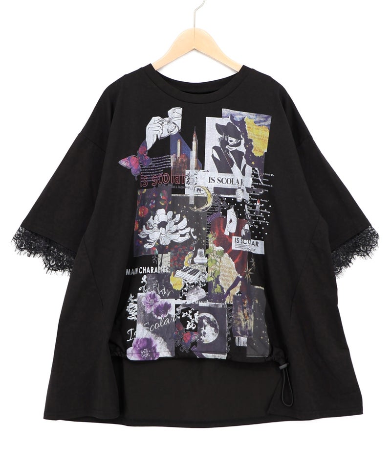 アートコラージュ柄 天竺×レースTシャツ-12