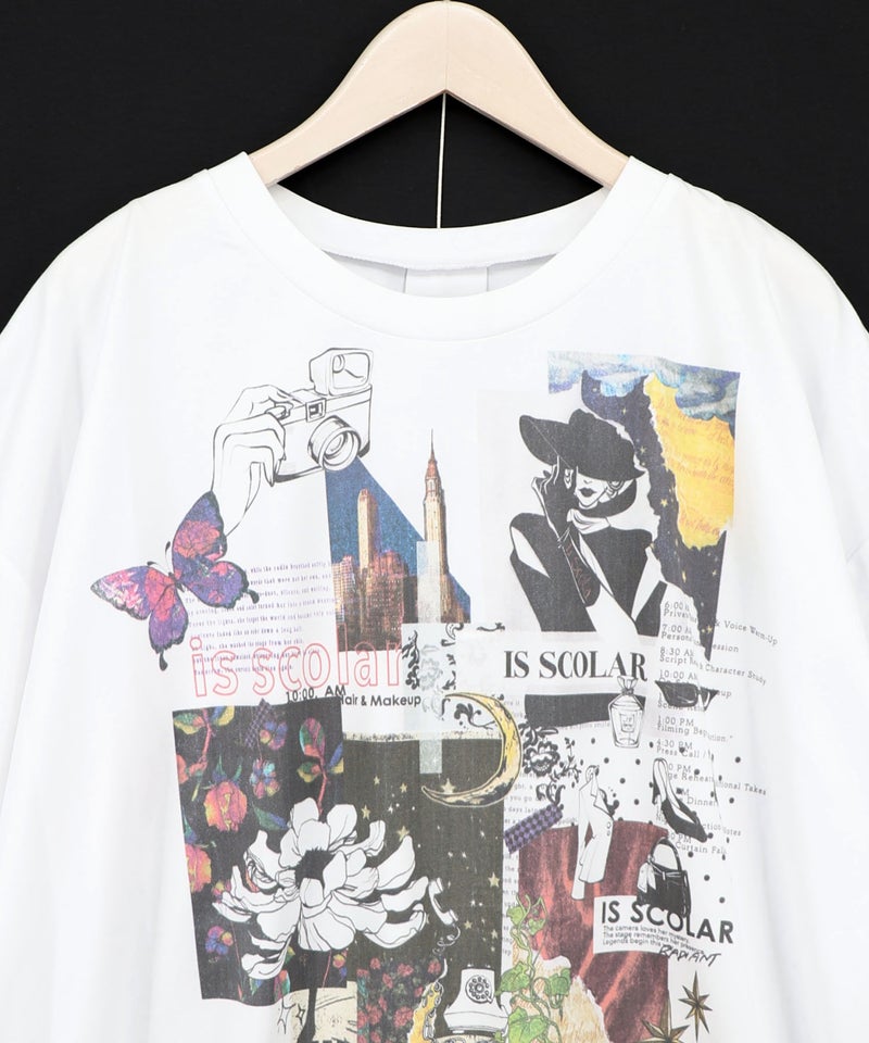 アートコラージュ柄 天竺×レースTシャツ-14