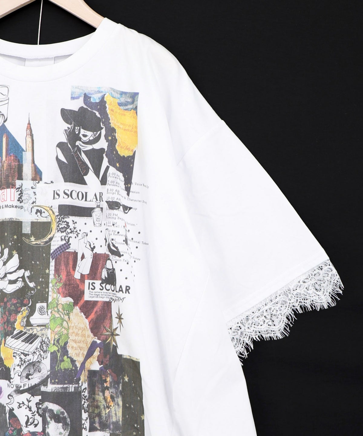 アートコラージュ柄 天竺×レースTシャツ-15