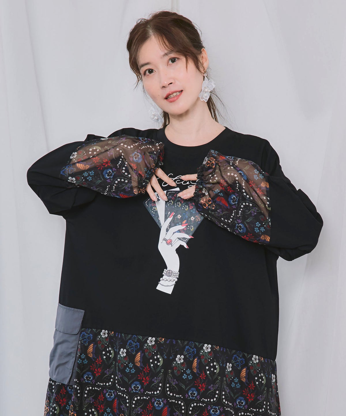 エース柄 天竺×シフォン×ナイロン 切替ワンピース-3