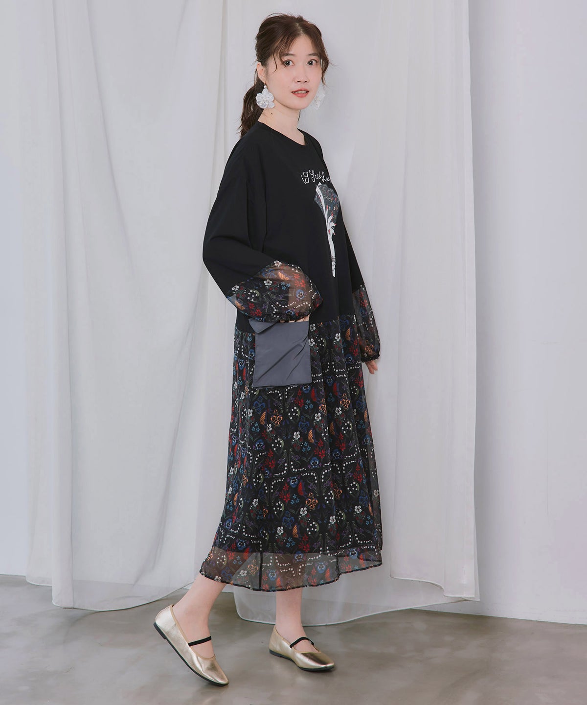 エース柄 天竺×シフォン×ナイロン 切替ワンピース-4
