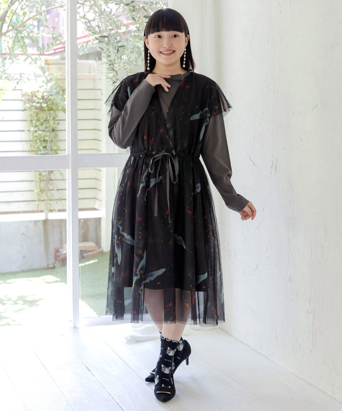 抽象柄チュール重ねロングスリーブワンピース-1