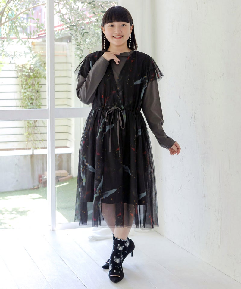 抽象柄チュール重ねロングスリーブワンピース-1