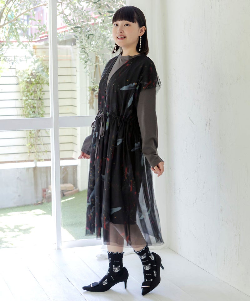 抽象柄チュール重ねロングスリーブワンピース-2