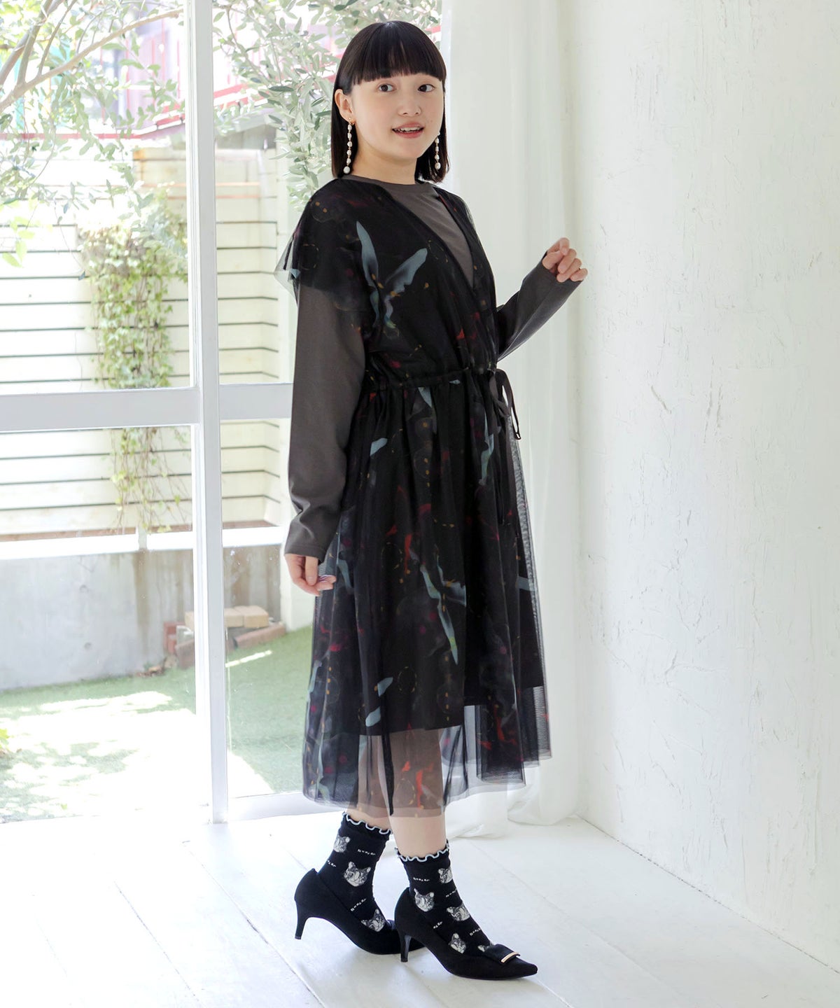 抽象柄チュール重ねロングスリーブワンピース-4