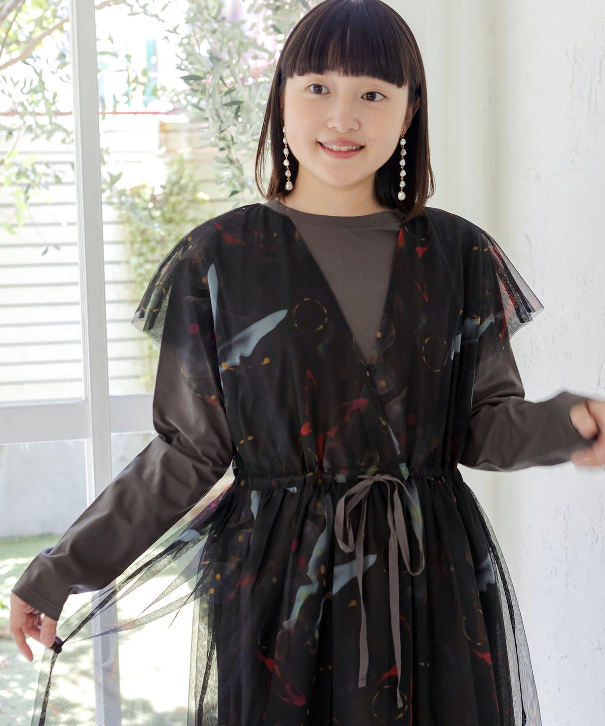 抽象柄チュール重ねロングスリーブワンピース-5