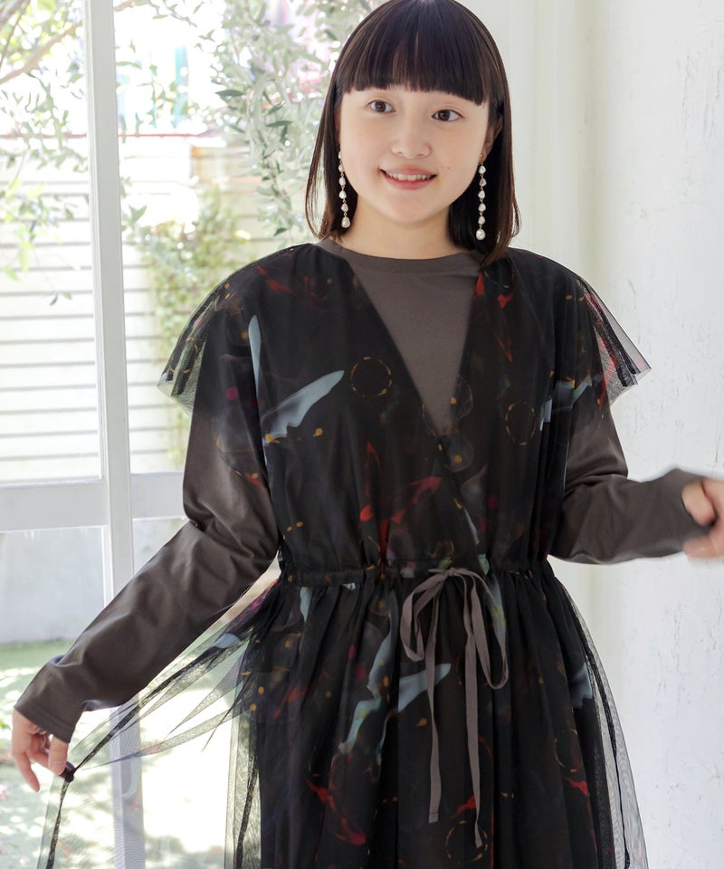抽象柄チュール重ねロングスリーブワンピース-5