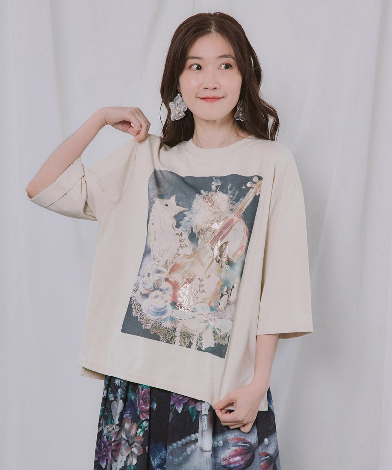 ネコと音楽のお茶会 箔プリント入りTシャツ-1
