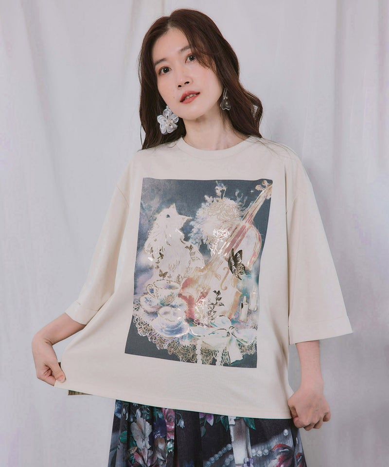 ネコと音楽のお茶会 箔プリント入りTシャツ-3