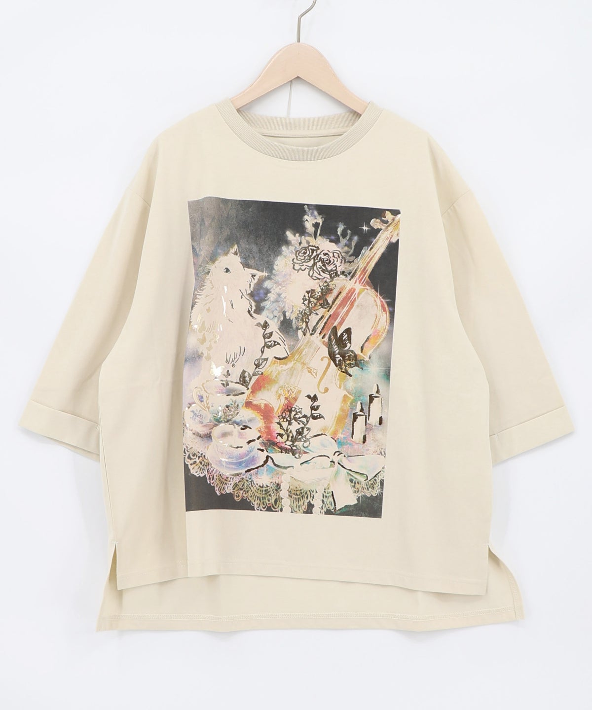 ネコと音楽のお茶会 箔プリント入りTシャツ-9