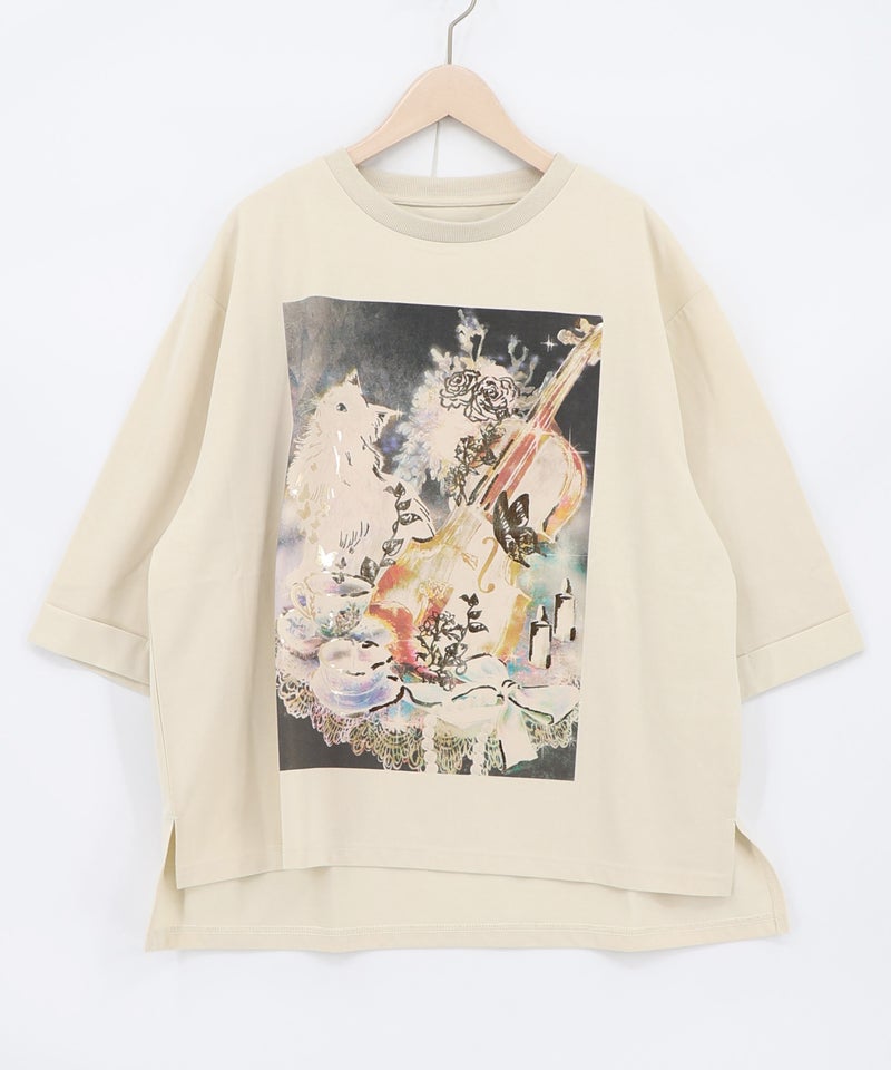 ネコと音楽のお茶会 箔プリント入りTシャツ-9