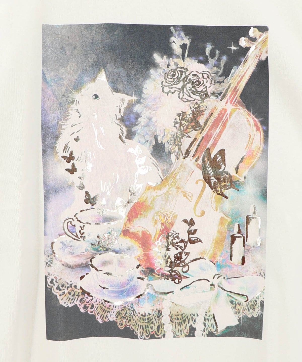 ネコと音楽のお茶会 箔プリント入りTシャツ-10