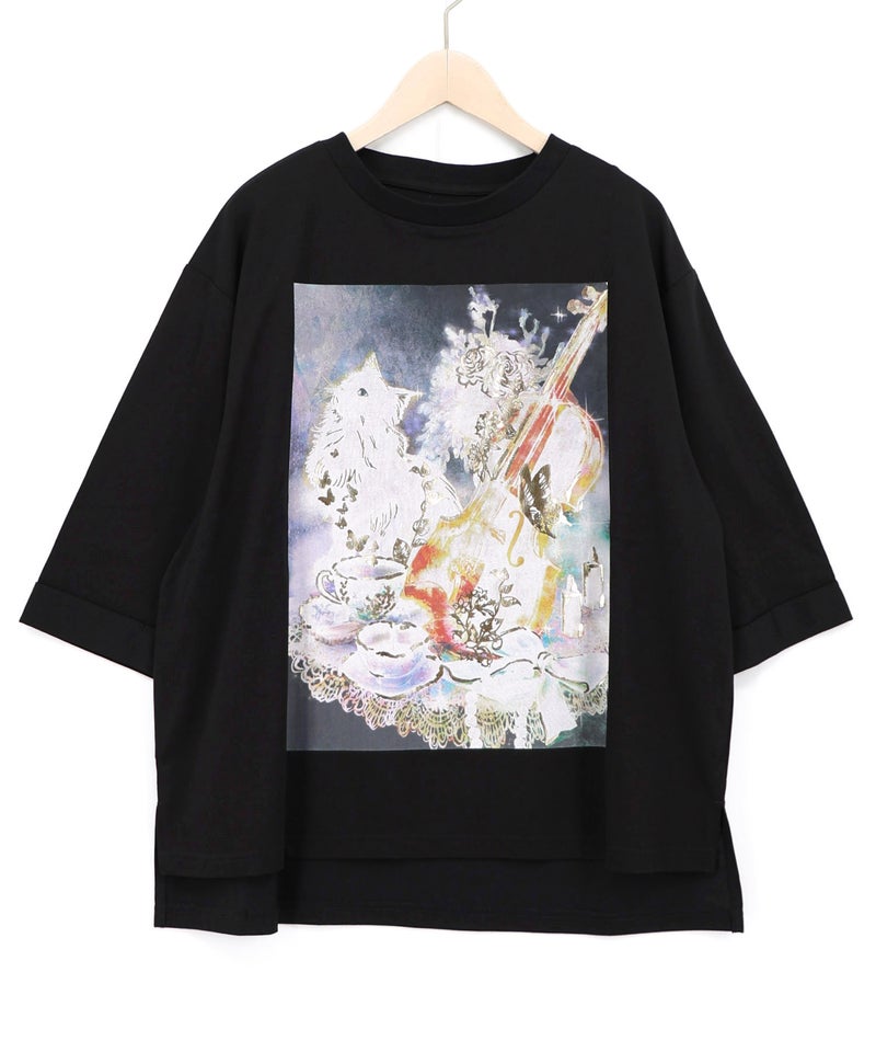 ネコと音楽のお茶会 箔プリント入りTシャツ-11
